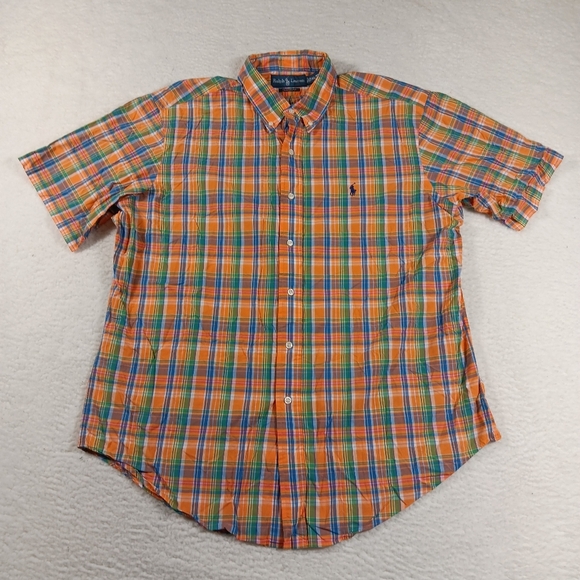 Vintage Ralph Lauren Shirt Mens XL Orange Button Down Madras Plaid Preppy - Picture 1 of 8